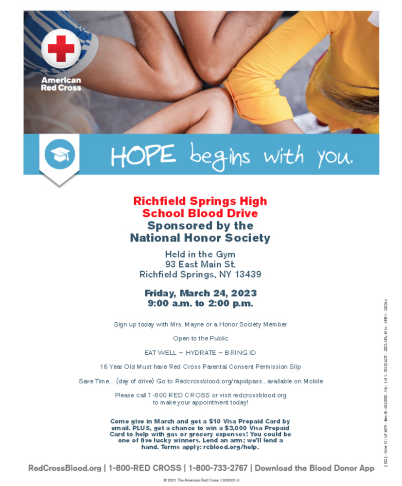 RSCS Blood Drive on March 24th sponsored by the National Honor Society
