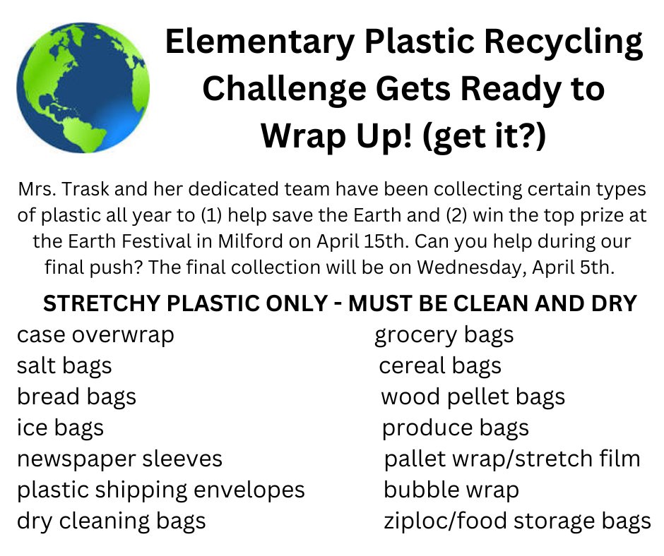 Elementary Plastic Recycling Challenge doing final collection of stretchy plastic by April 5th