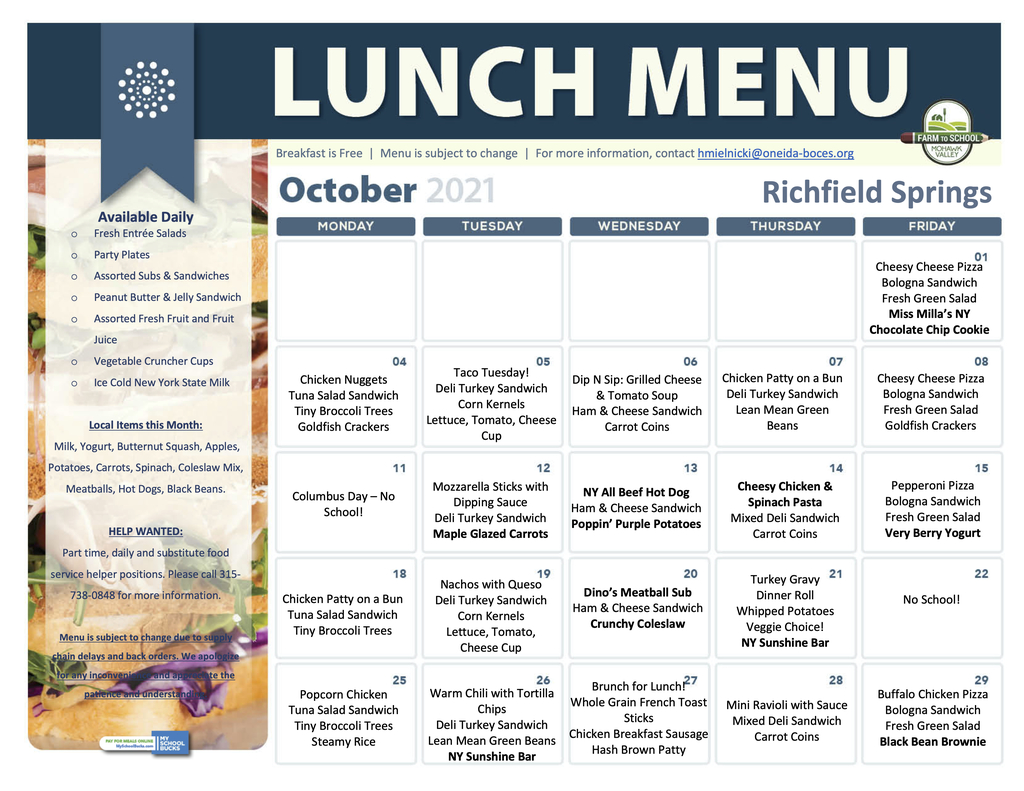 October Lunch Menu