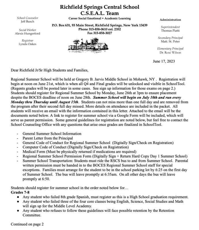 Summer School and Regents Retake Info | Richfield Springs CSD